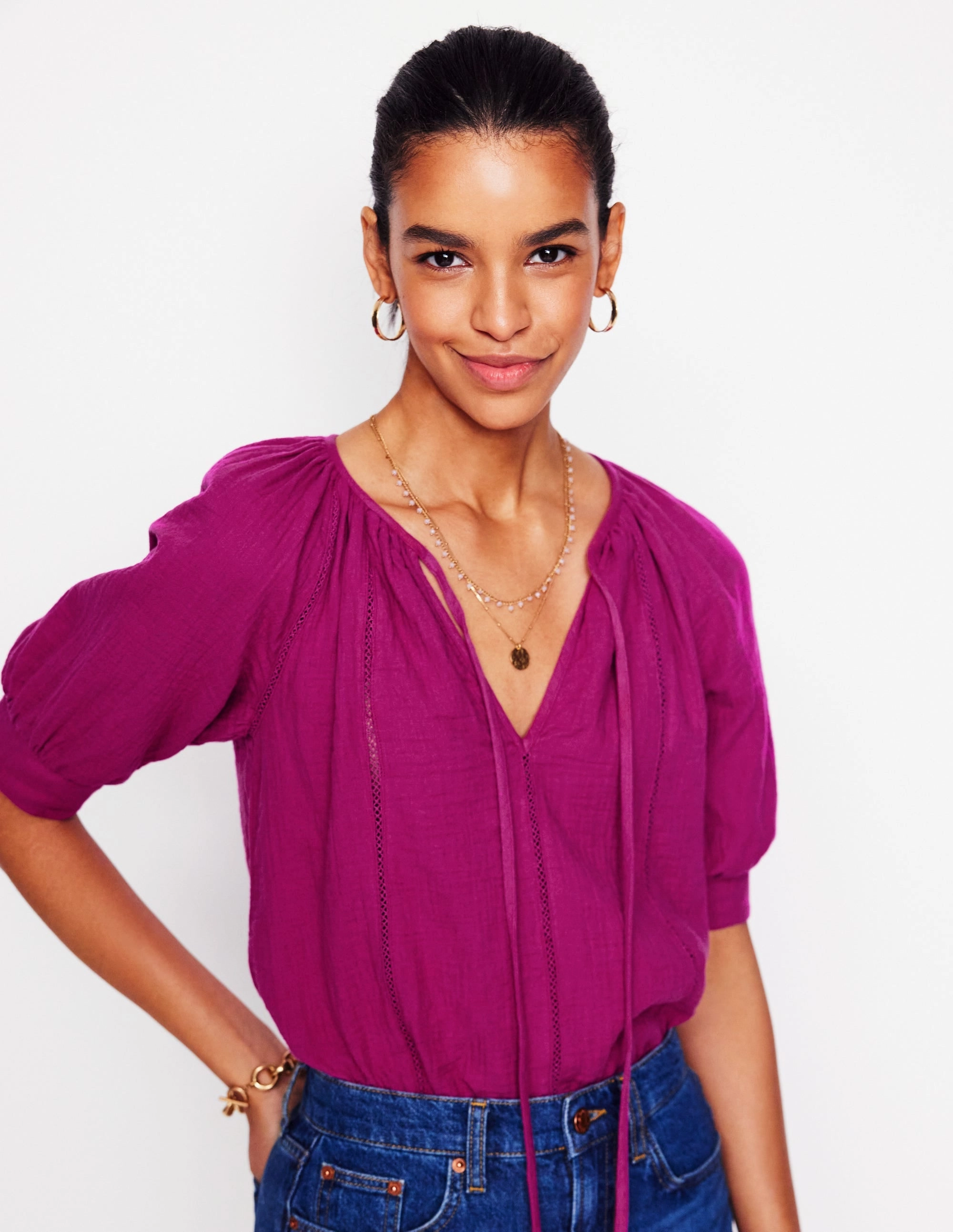 Trim Insert Double Cloth Top-Fuschia Tagless Comfort Collar ContouredPanels