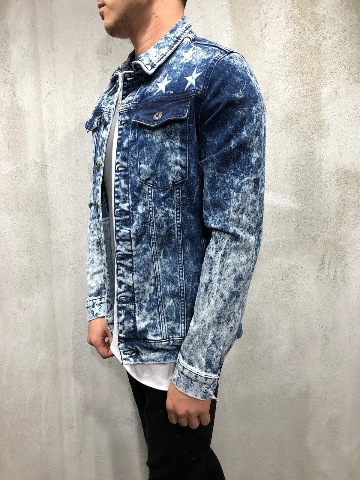 Trucker Denim Jacket Ripped Star Embroidery - Blue