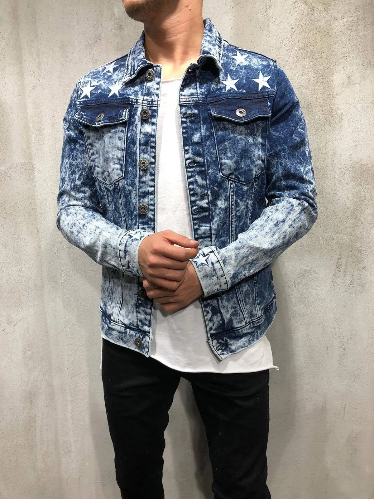 Trucker Denim Jacket Ripped Star Embroidery - Blue