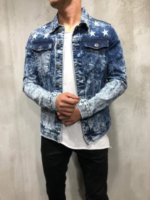 Trucker Denim Jacket Ripped Star Embroidery - Blue