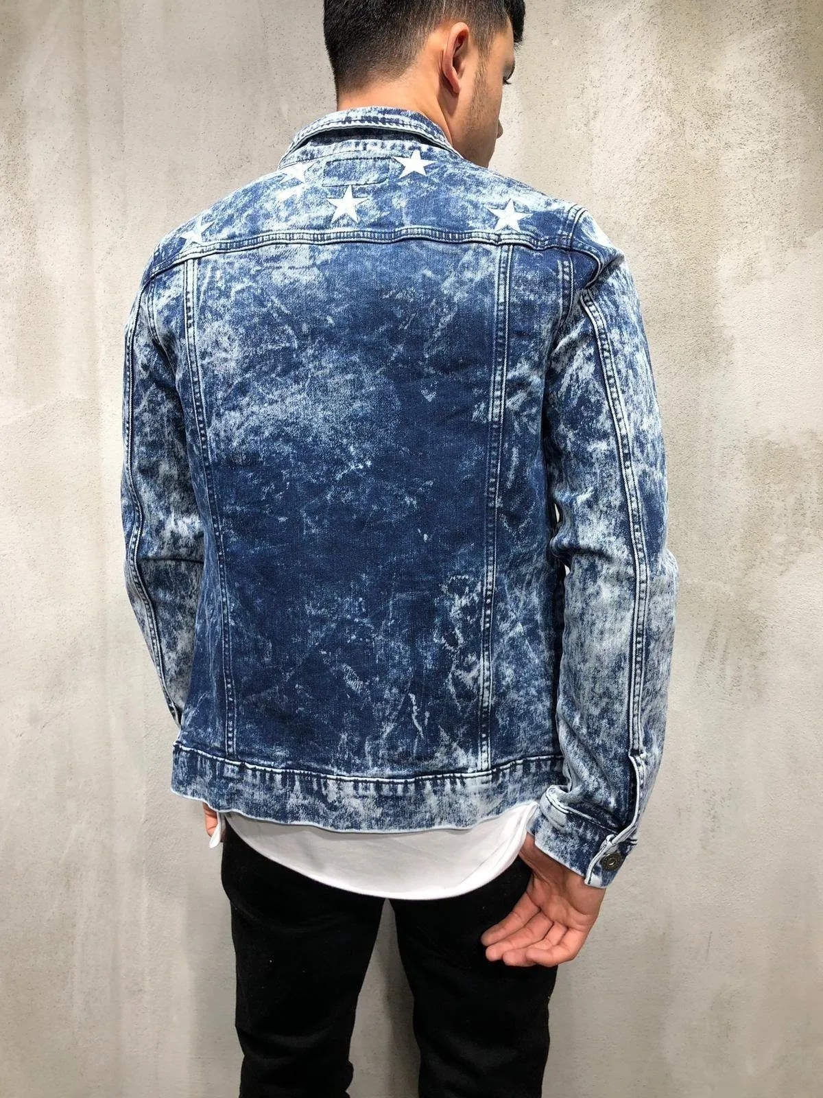 Trucker Denim Jacket Ripped Star Embroidery - Blue