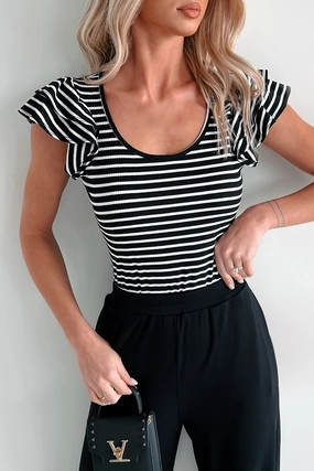 Sweet As Honey Ruffle Sleeve Striped Bodysuit (Black/White) Body Sculpting Feel Fresh
