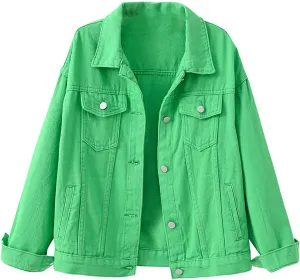 tuduoms Women's Candy Color Denim Jacket Relaxed Fit Casual Jean Trucker Jacket Plus Size Shacket Cropped Denim Jacket Coat