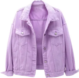 tuduoms Women's Candy Color Denim Jacket Relaxed Fit Casual Jean Trucker Jacket Plus Size Shacket Cropped Denim Jacket Coat