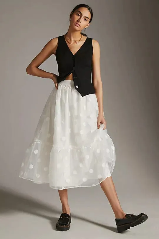 Designer Label Travel Friendly Tulle Midi Skirt - Snowflake Dot