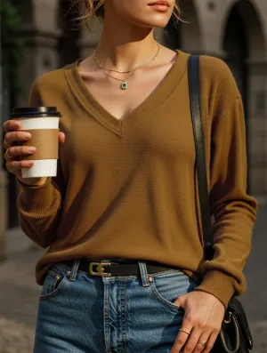 Hybrid Fabric Blend FlexibleWaistband Casual Waffle V-Neck Solid Color Long-Sleeve T-Shirt