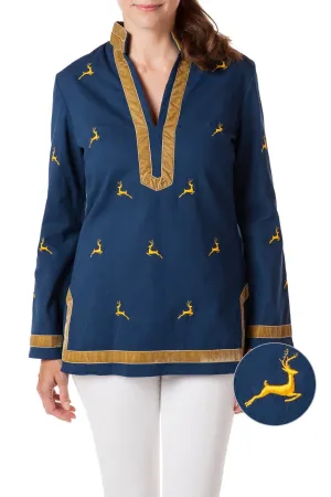 Tunic Top Stretch Twill Nantucket Navy with Leaping Reindeer UltraFineMesh BondedShoulderTaping