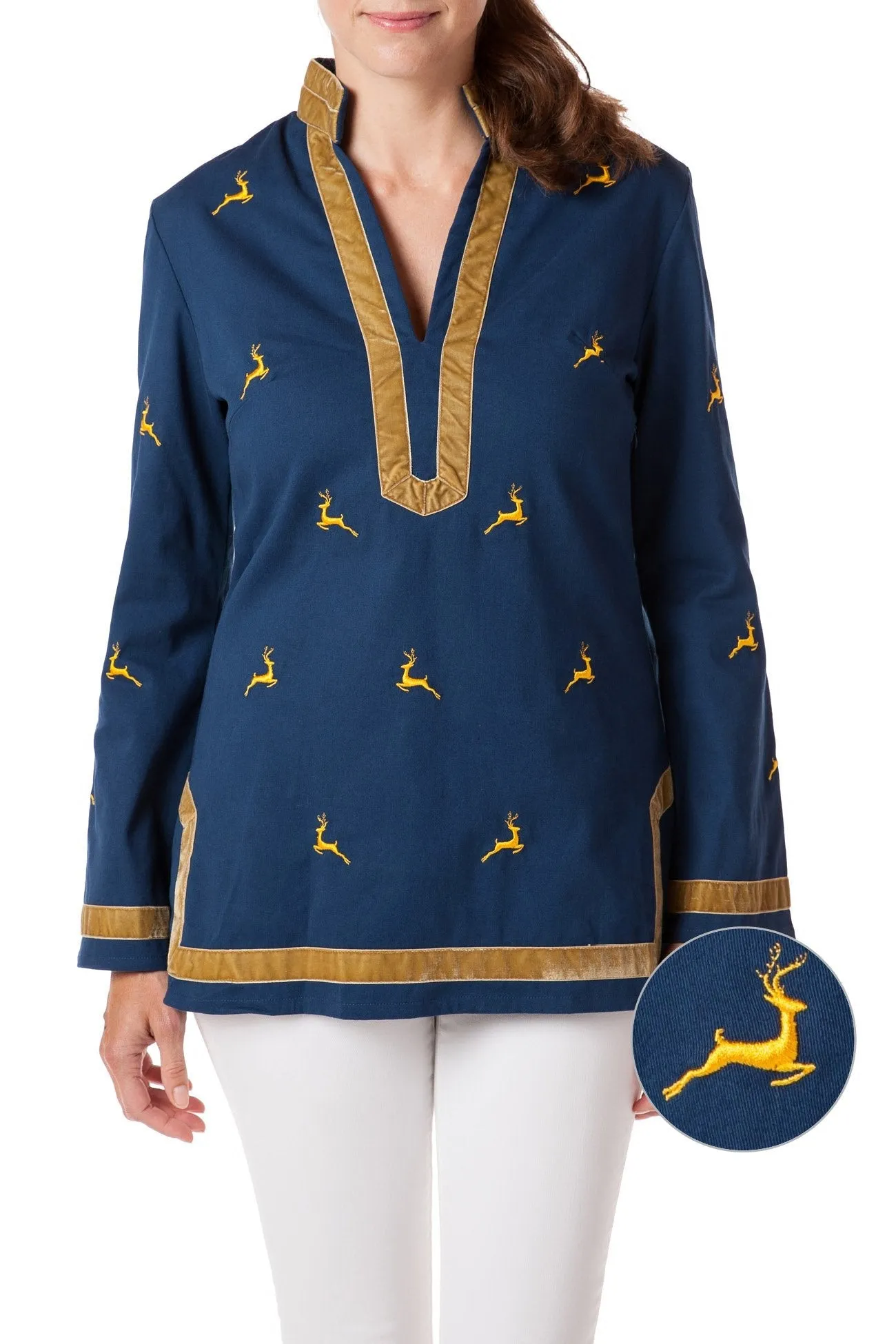 Tunic Top Stretch Twill Nantucket Navy with Leaping Reindeer UltraFineMesh BondedShoulderTaping