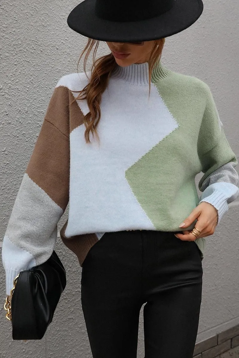 TURTLE NECK COLOR BLOCK CASUAL SWEATER TOP Durable Chainstitch AbrasionResistantEdging