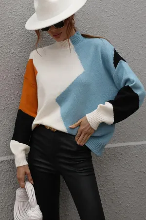 DurableStitching TURTLE NECK COLOR BLOCK CASUAL SWEATER TOP