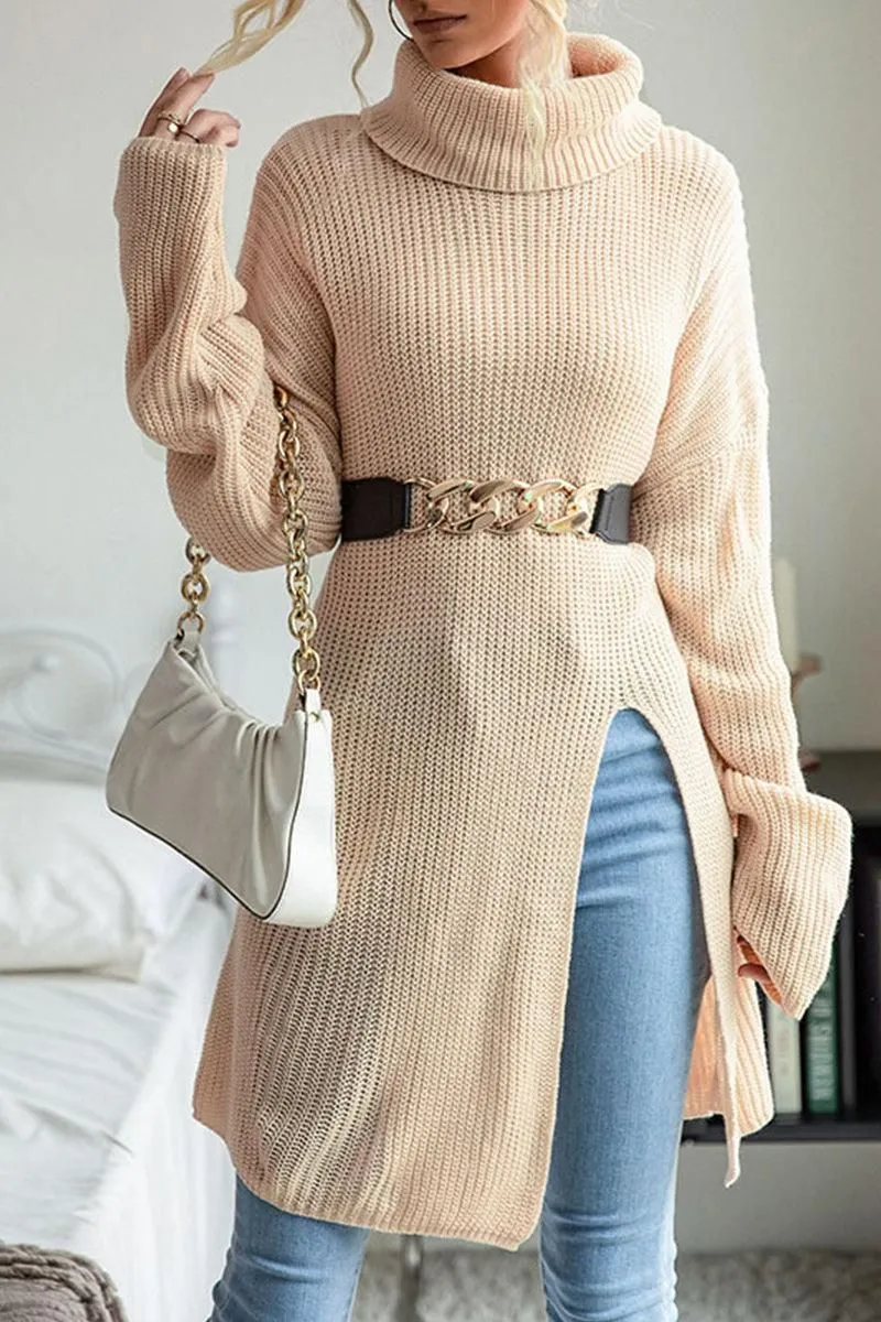 TURTLE NECK TUNIC KNIT SWEATER Convertible Collar