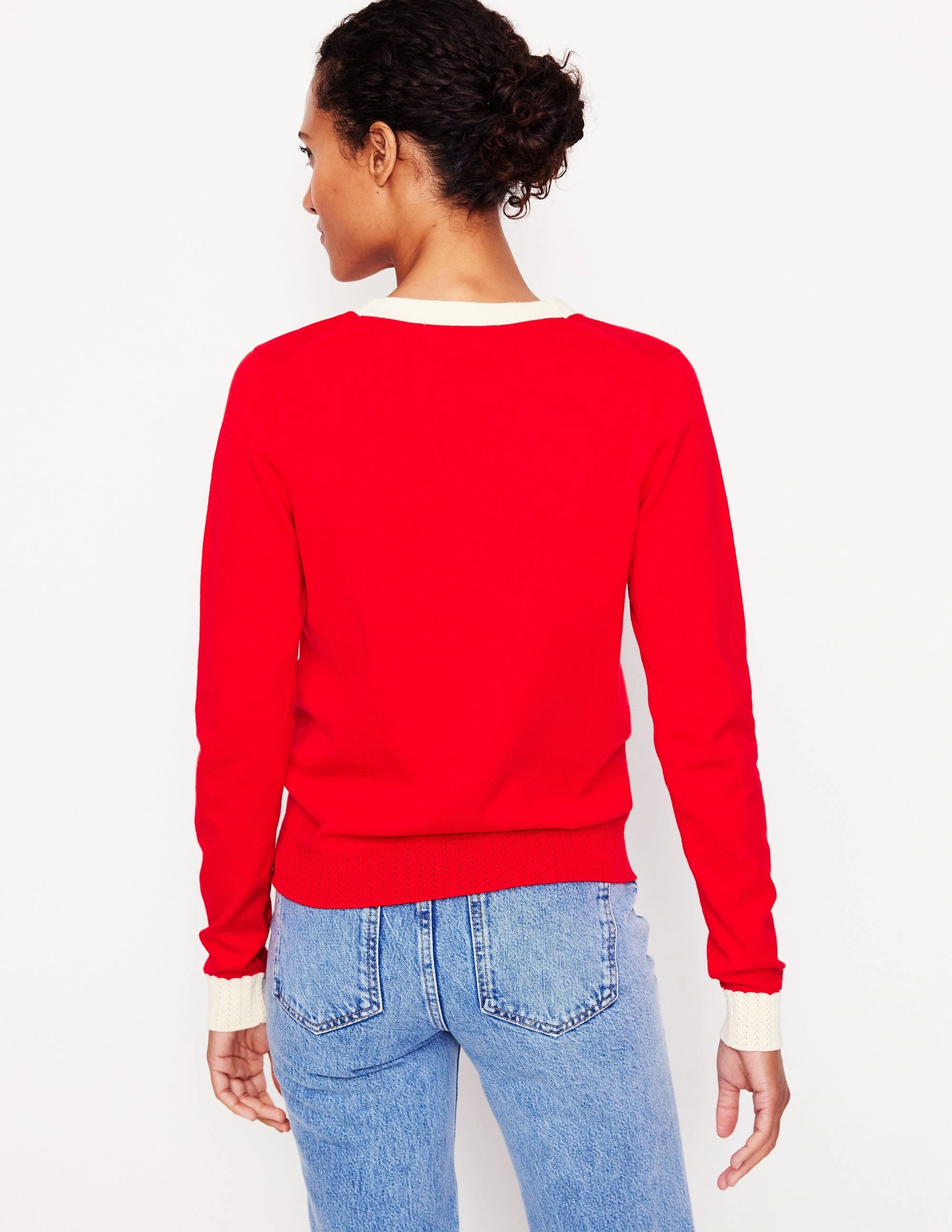 Emilia Cotton V Neck Cardigan-Poppy Red Cozy Loopback Fabric SheerWeight Knit