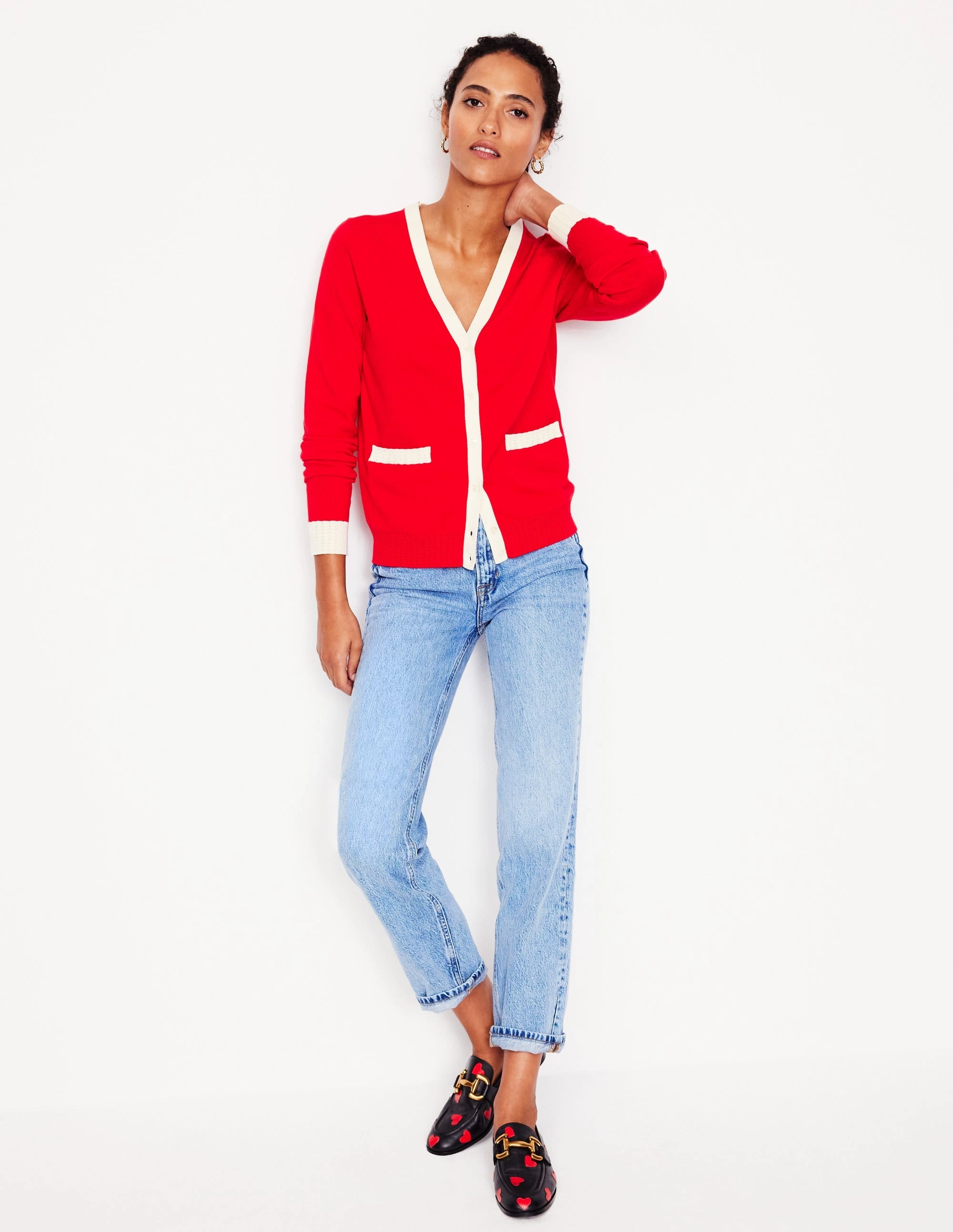 Emilia Cotton V Neck Cardigan-Poppy Red Ventilated Mesh Panel Luminous Thread Accents