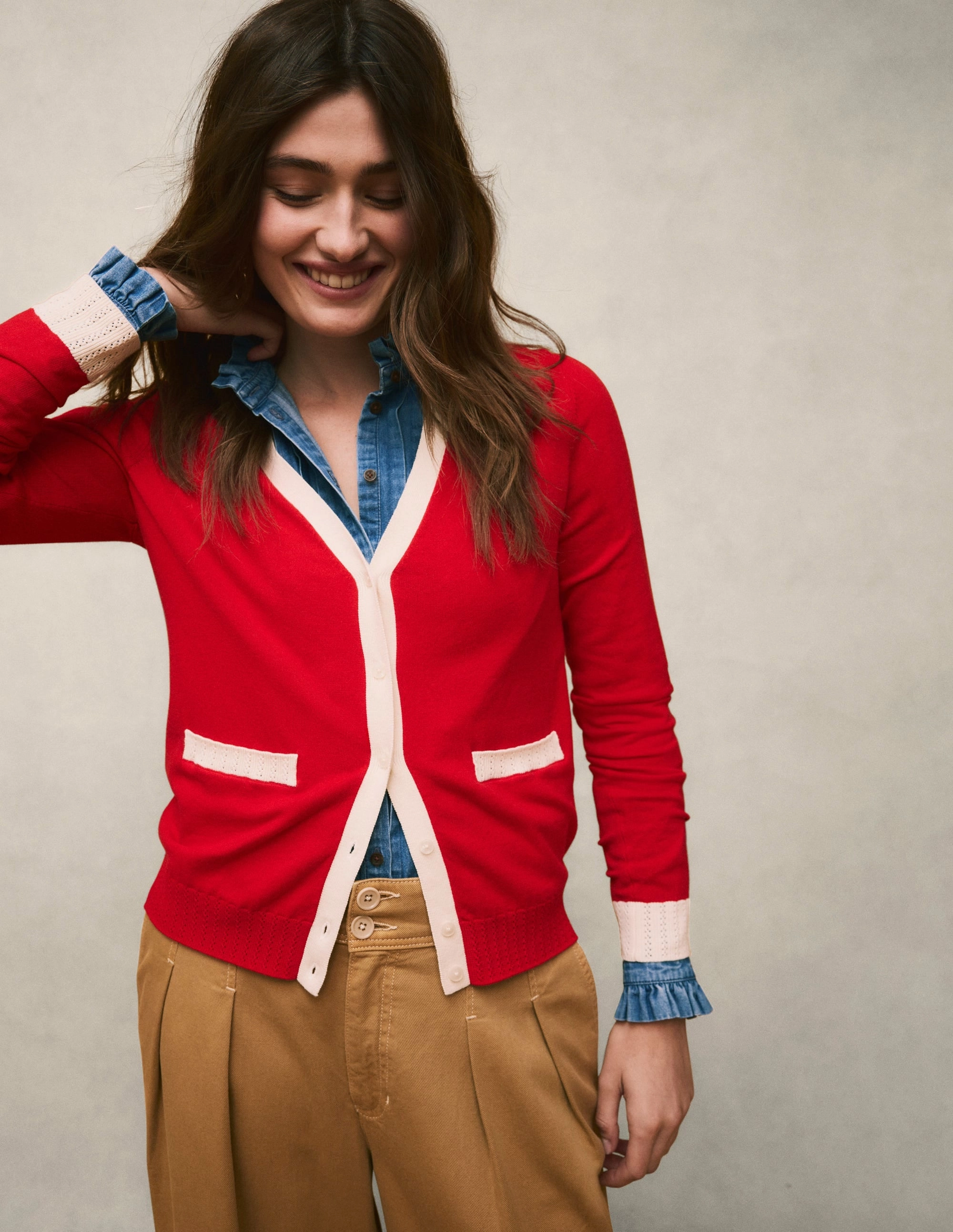 Emilia Cotton V Neck Cardigan-Poppy Red MultiDirectional Flexibility