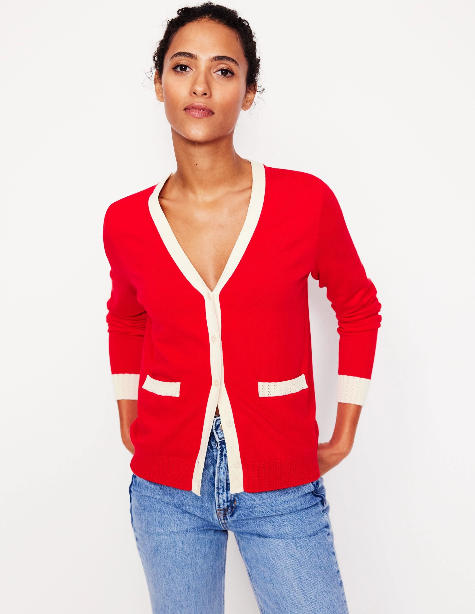 Work From Home Emilia Cotton V Neck Cardigan-Poppy Red