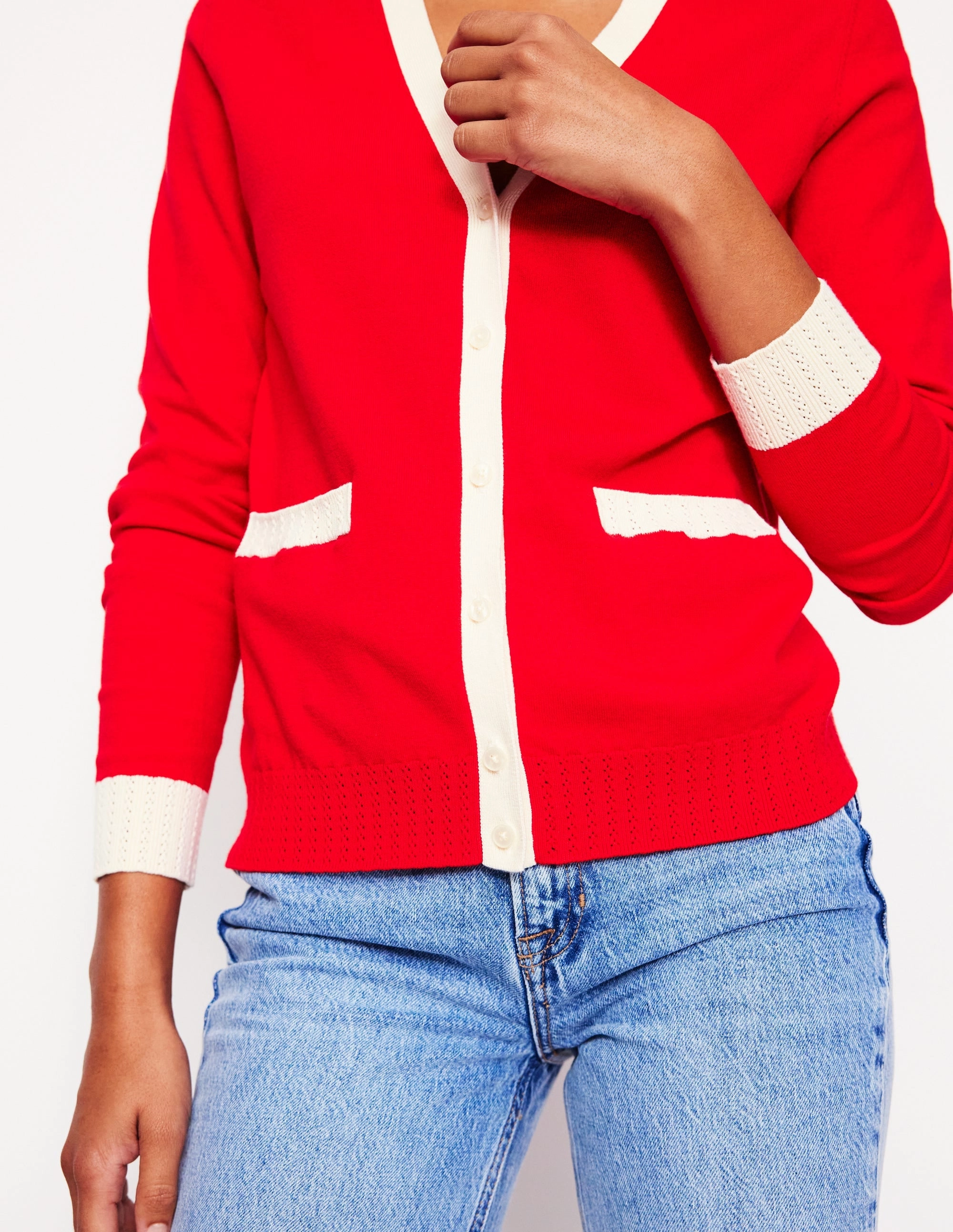Leisure Look Luxe Layer Emilia Cotton V Neck Cardigan-Poppy Red