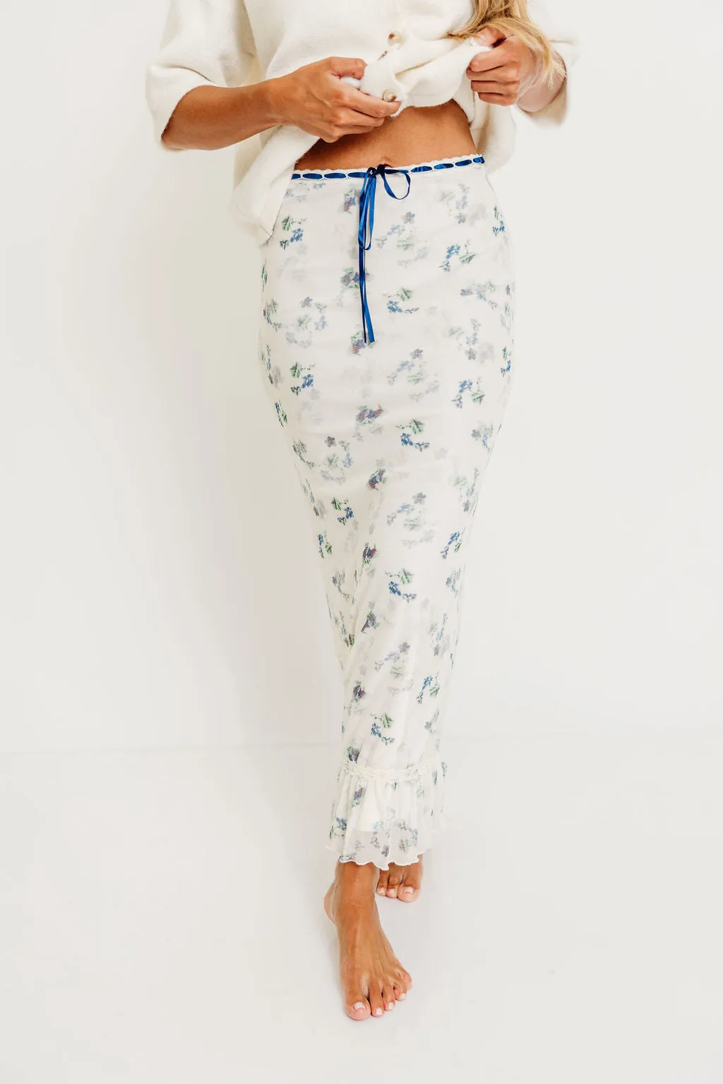 Tyra Floral Mesh Maxi Skirt in Cream Warm Weather Wear