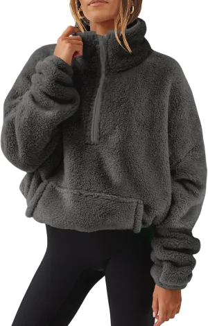 Uillui Womens Half Zip Sherpa Fleece Pullover Oversized Sweatshirt Loose Casual Cropped Sherpa Jacket Fluffy Fuzzy Sweaters
