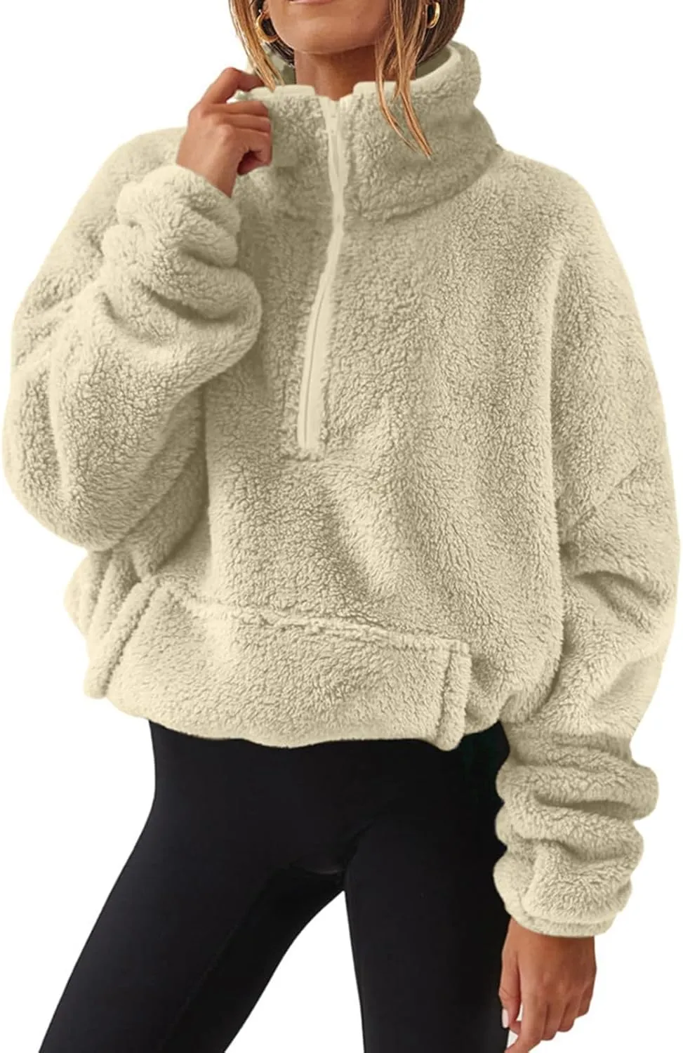 Uillui Womens Half Zip Sherpa Fleece Pullover Oversized Sweatshirt Loose Casual Cropped Sherpa Jacket Fluffy Fuzzy Sweaters