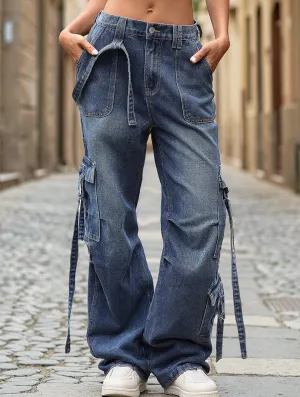 Smart Motion Multi-pocket lace-up wide-leg loose denim trousers