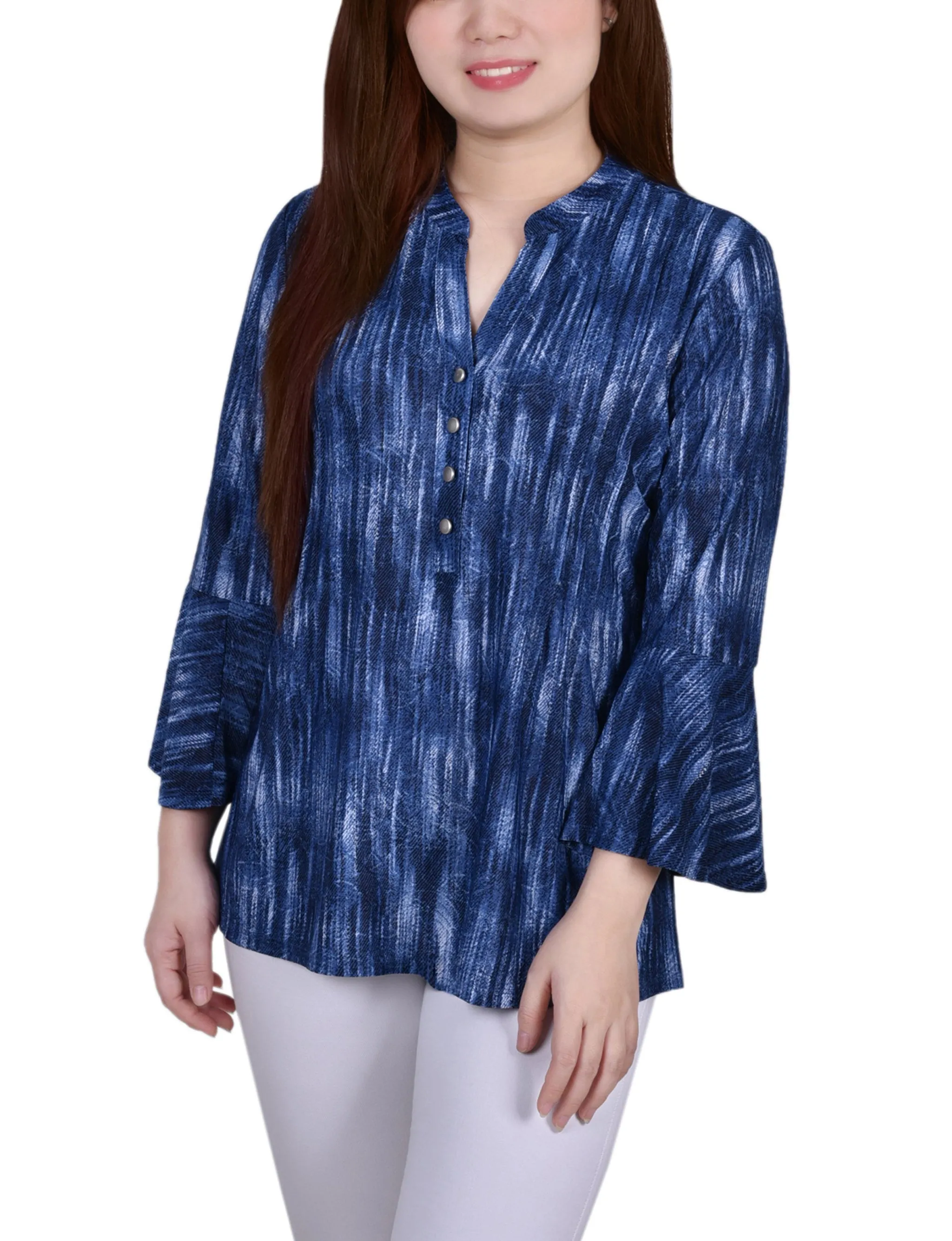 3/4 Bell Sleeve Pleat Front Y Neck Top Flattering Drape Retro design