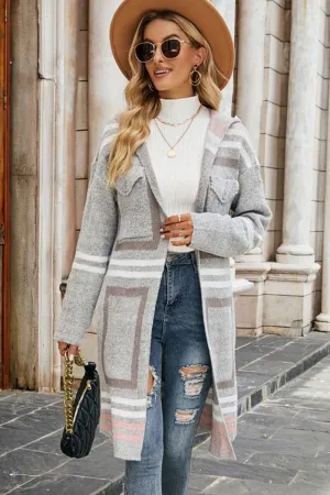 WOMEN PATTERNED COZY OPEN FRONT LONG COAT RibbedHemline HeatPressedLogos
