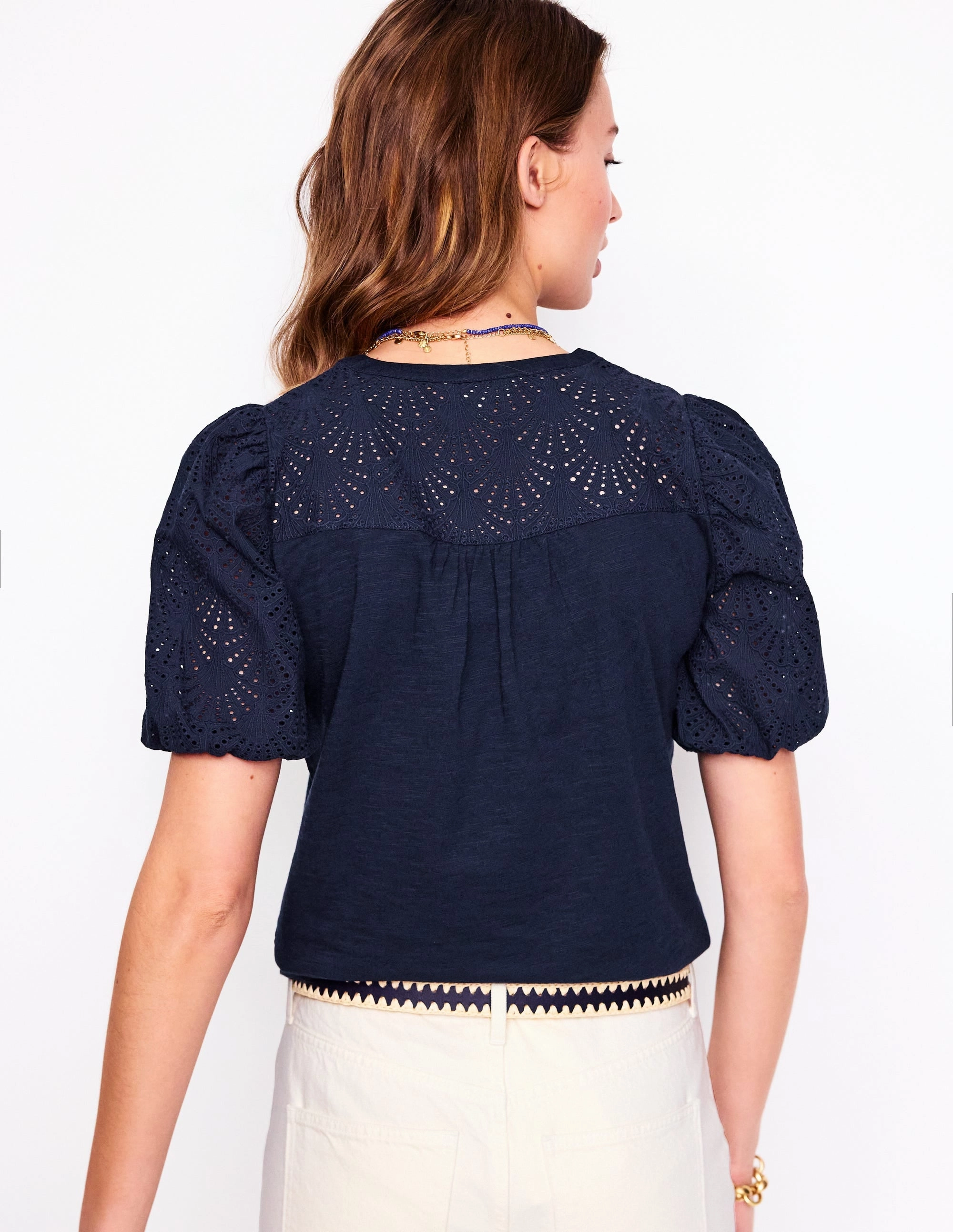 Active Blouse Microfiber texture Dolly Broderie Top-Navy