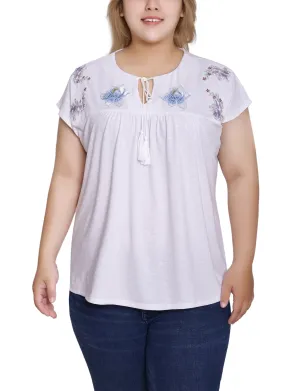 RibbedCuff Non Restrictive Cut Plus Size Embroidered Yoke Extended Sleeve Top