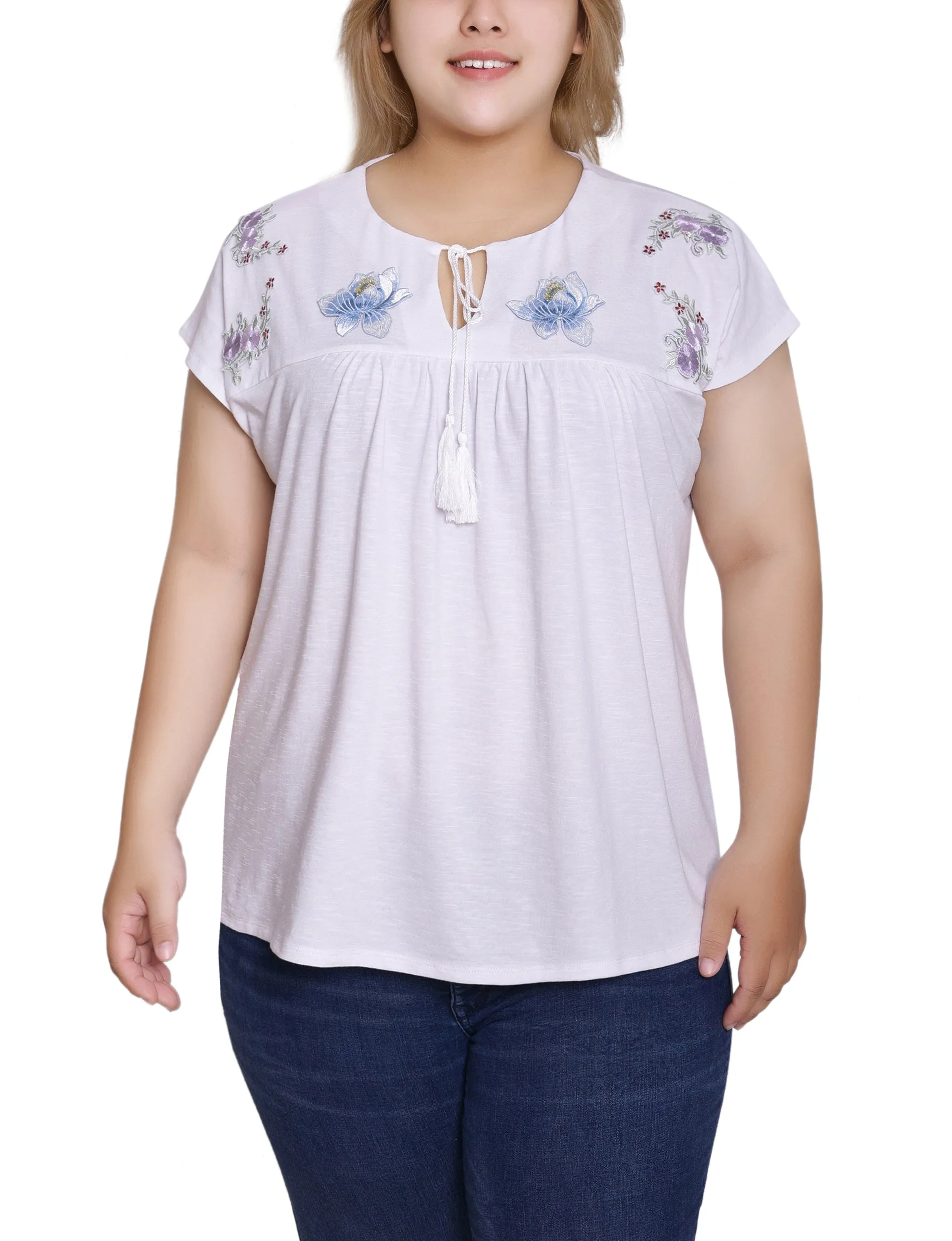 RibbedTexture FlexibleMobility Plus Size Embroidered Yoke Extended Sleeve Top