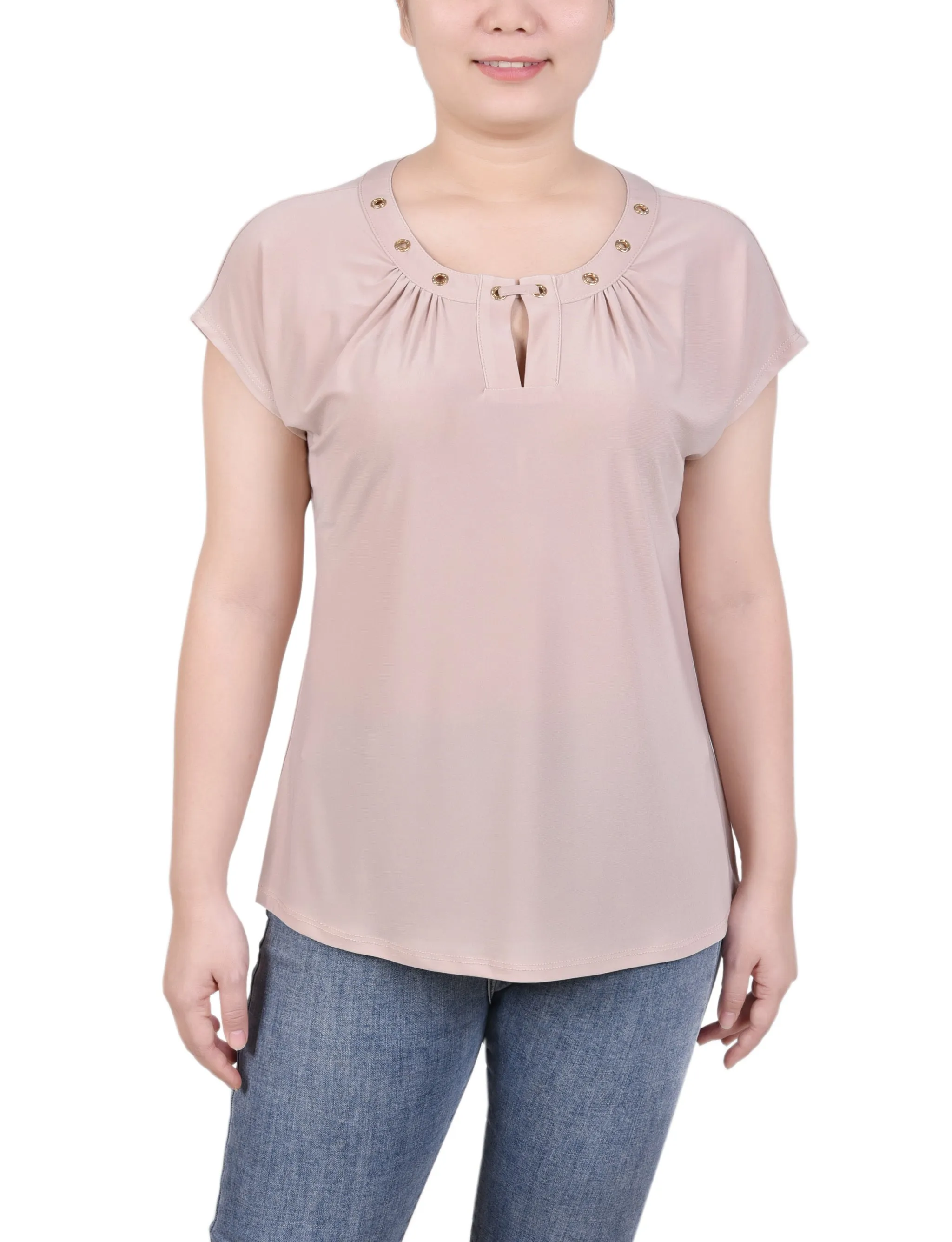 Relaxed Sweatshirt SeamFree Knitting Short Extended-Sleeve Grommet Neck Knit Top