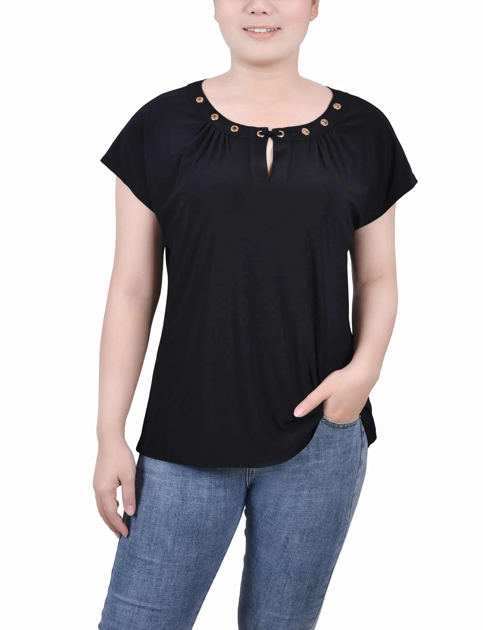 Wear Resistant Fabric Short Extended-Sleeve Grommet Neck Knit Top