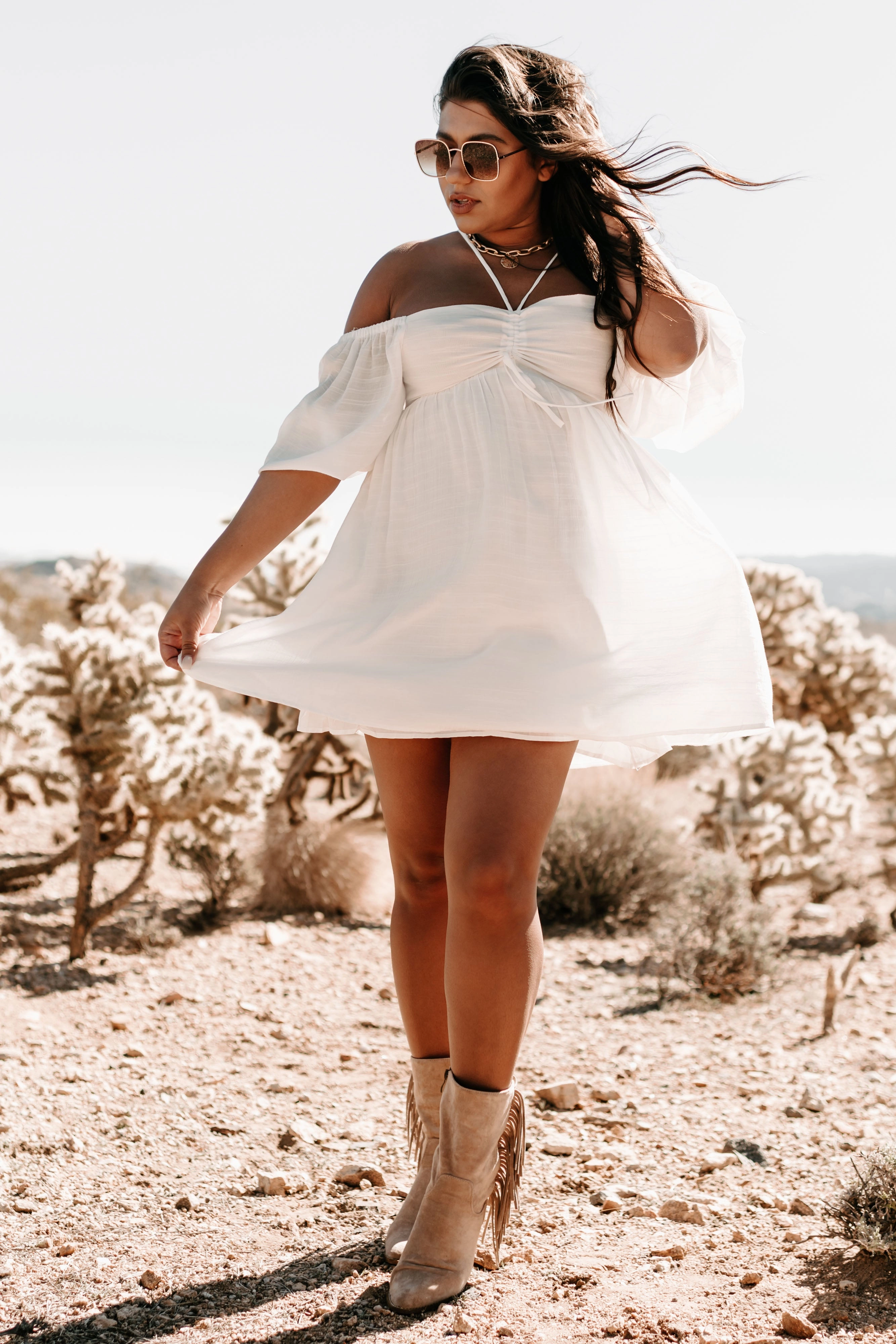 StretchableKnit Overlock Edging Under Your Enchantment V-Strap Puffed Sleeve Mini Dress (Off White)
