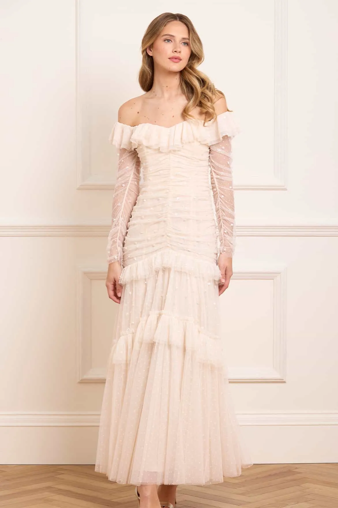 Cool Shape Sequin Glimmer Rouched Off-Shoulder Gown