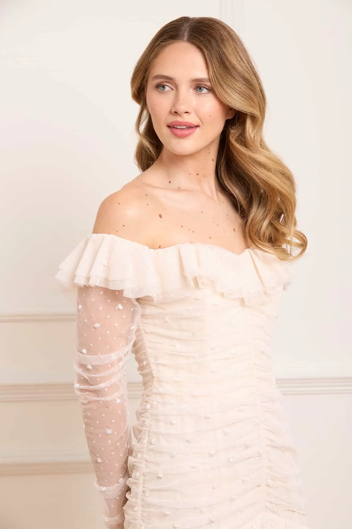 Sequin Glimmer Rouched Off-Shoulder Gown Romantic Soft