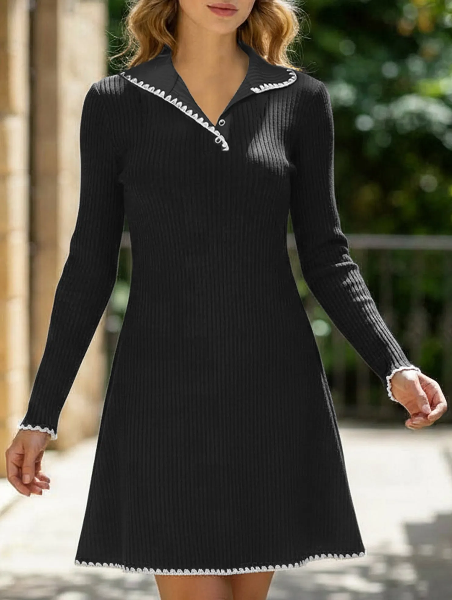Layered Volume Knitted slim-fitting A-line long-sleeved dress