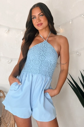 Quick Look Flirty Beginnings Crochet Halter Romper (Light Blue)