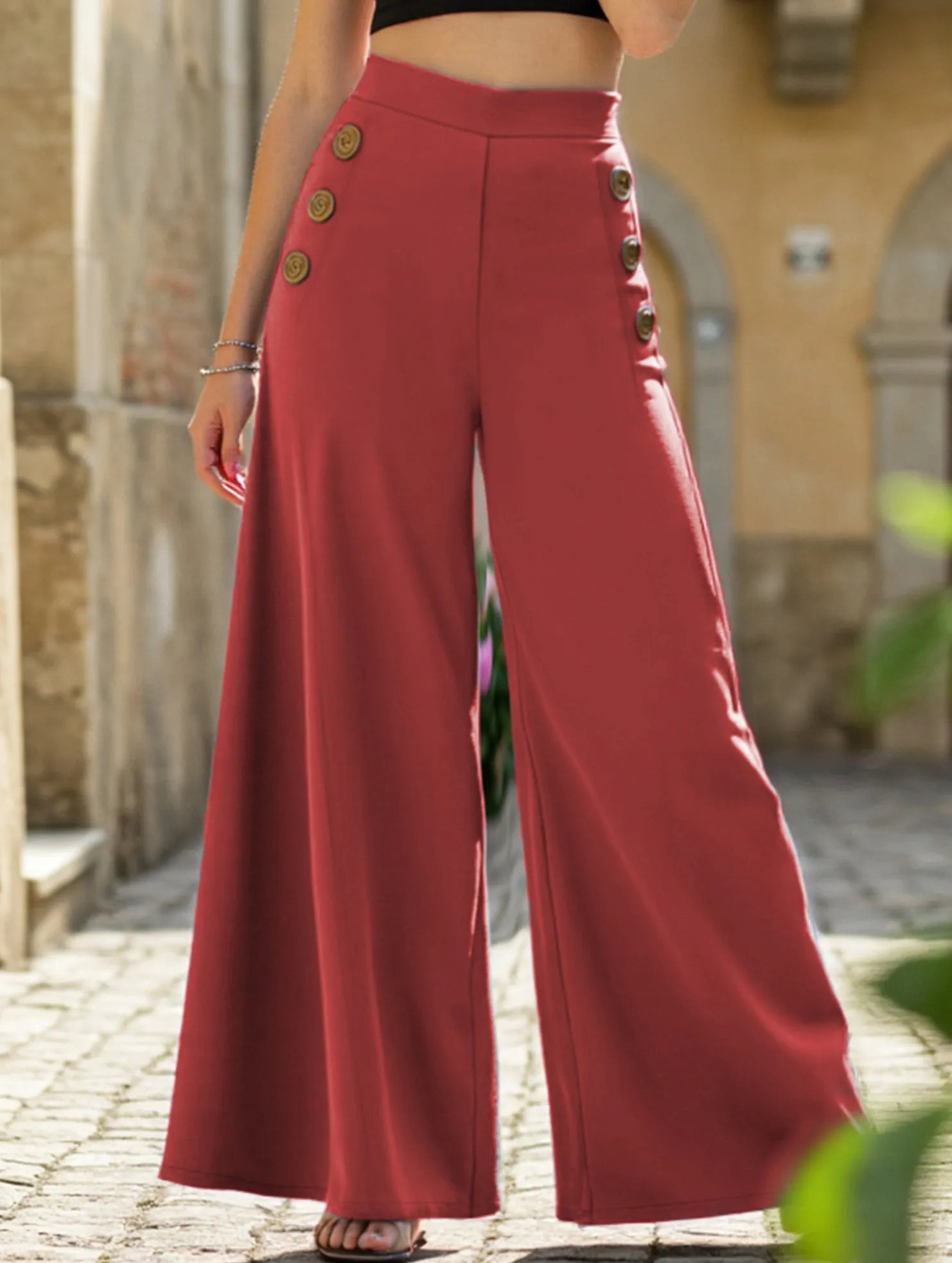 Button elastic high waist wide leg pants Dynamic Flex Panels