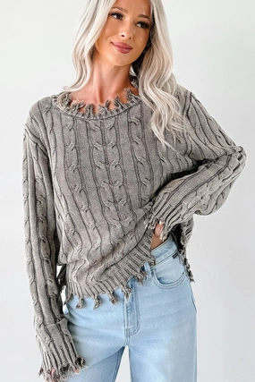 Unwritten Future Cable Knit Fringe Zenana Sweater (Brown) CompressionSupportWeave Stretch Knit Fabric