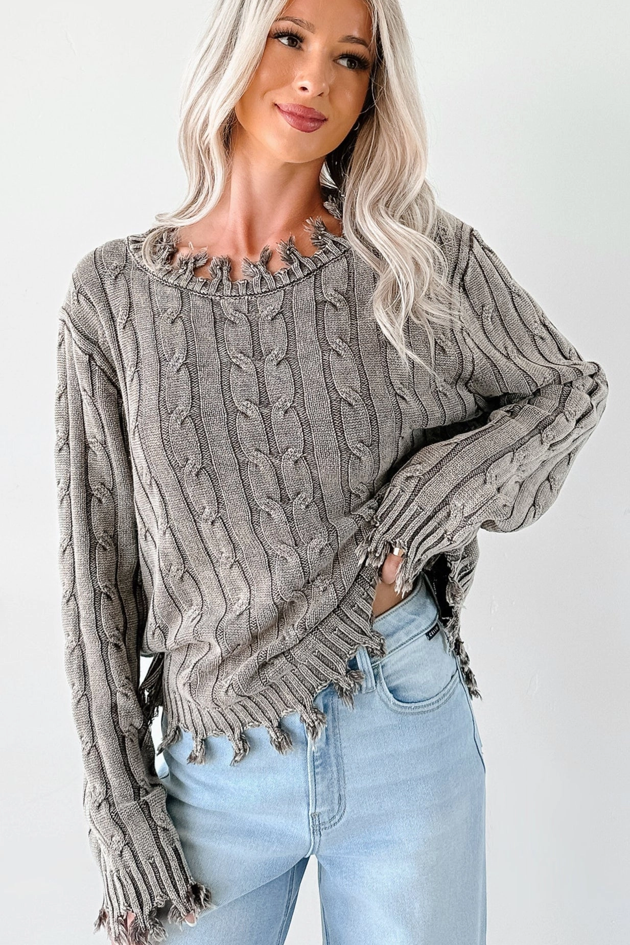 Unwritten Future Cable Knit Fringe Zenana Sweater (Brown) CompressionSupportWeave Stretch Knit Fabric