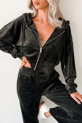Anti Pilling Technology Ribbed Hemline Up And Running Zenana Velvet Two Piece Set (Black)