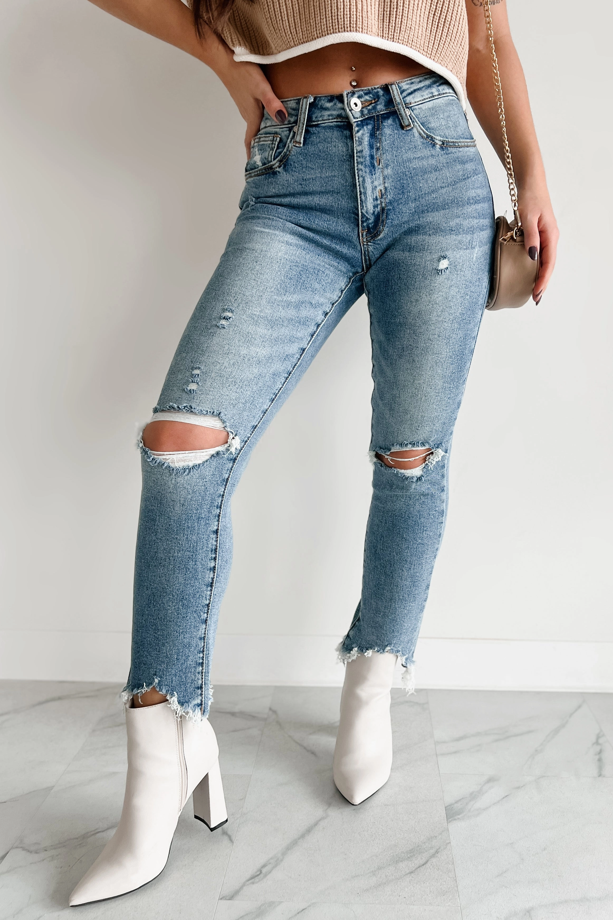Tallie Mid Rise Distressed Slim Straight Special A Jeans (Medium Light) Raw Edge Detail NonRestrictive Cut