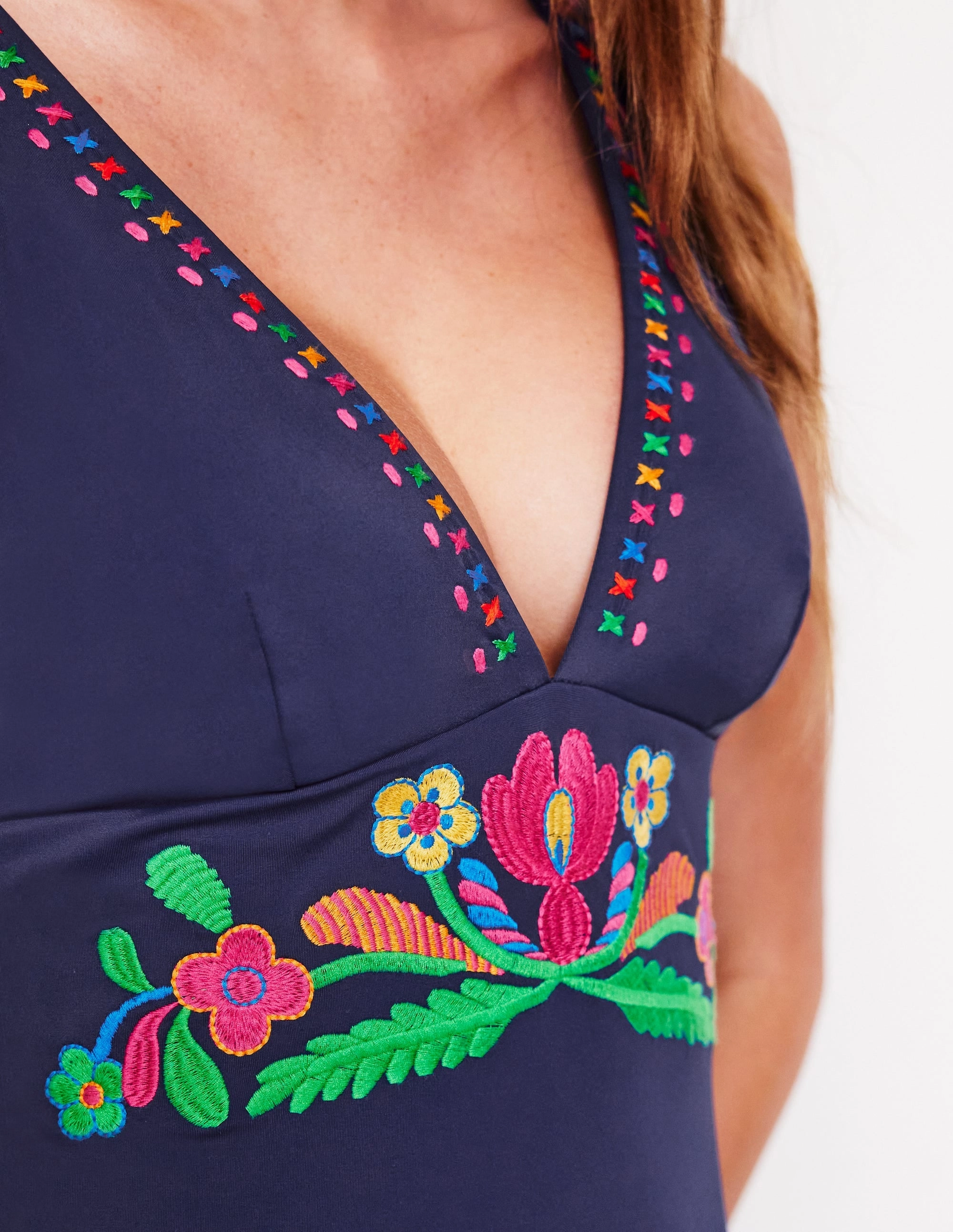 Ultra Flat Lock Stitching Embroidered Swimsuit-Navy