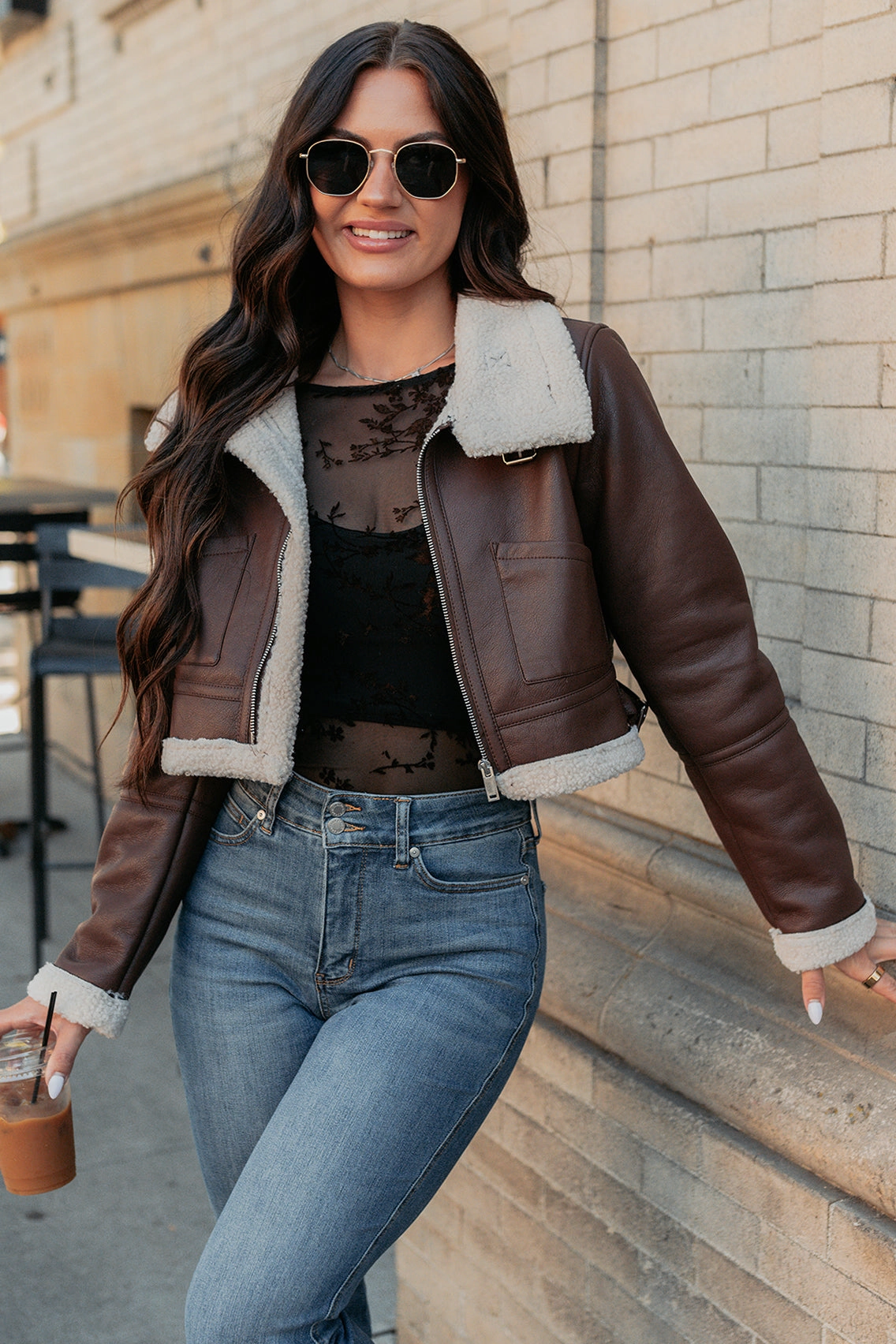 Urban Chill Faux Leather Sherpa Lined Jacket (Brown/Beige) Designer