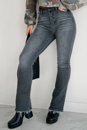 NonRestrictiveFit Very Vague High Rise Button-Fly Bootcut Kancan Jeans (Grey)