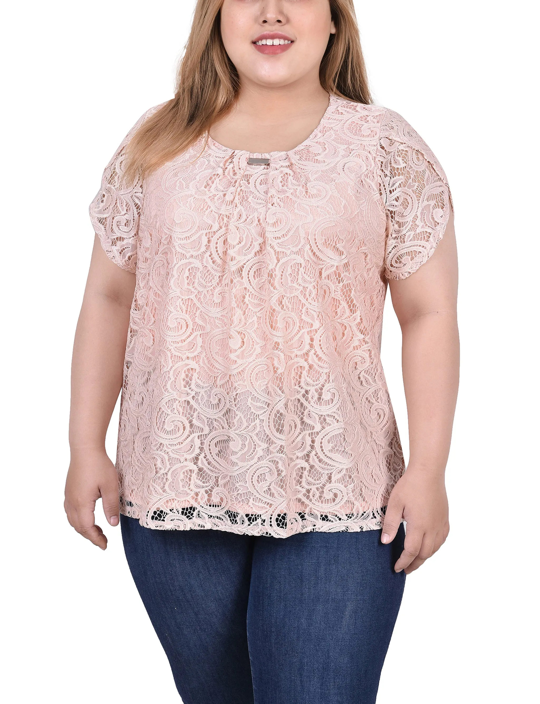NaturalFiberBlend AntiPilling Plus Size Lace Petal Sleeve Top