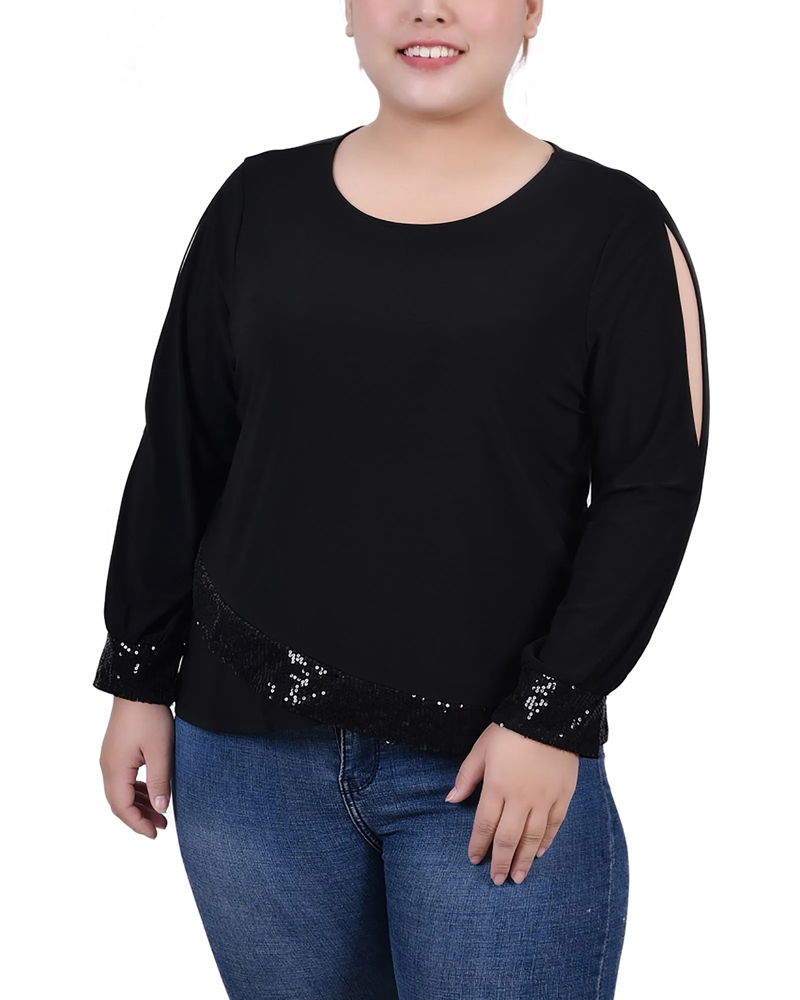 Plus Size Long Sleeve Knit Top With Sequin Hem Cozy Knit Convertible Design
