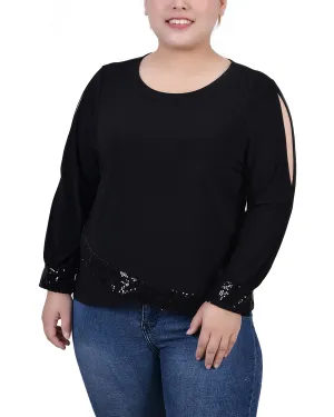 Plus Size Long Sleeve Knit Top With Sequin Hem Cozy Knit Convertible Design