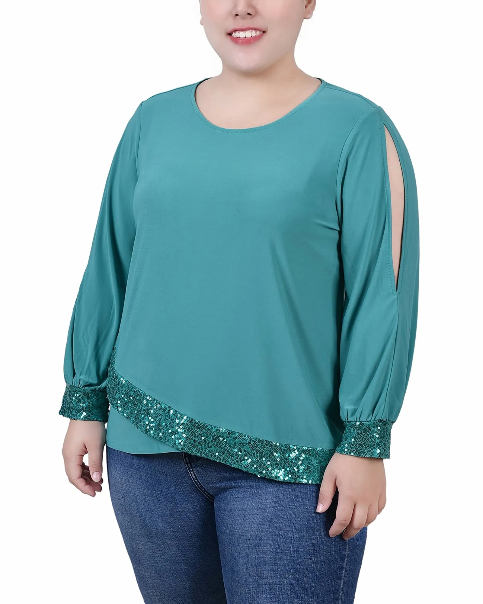 Plus Size Long Sleeve Knit Top With Sequin Hem Reinforced Neckline Detail
