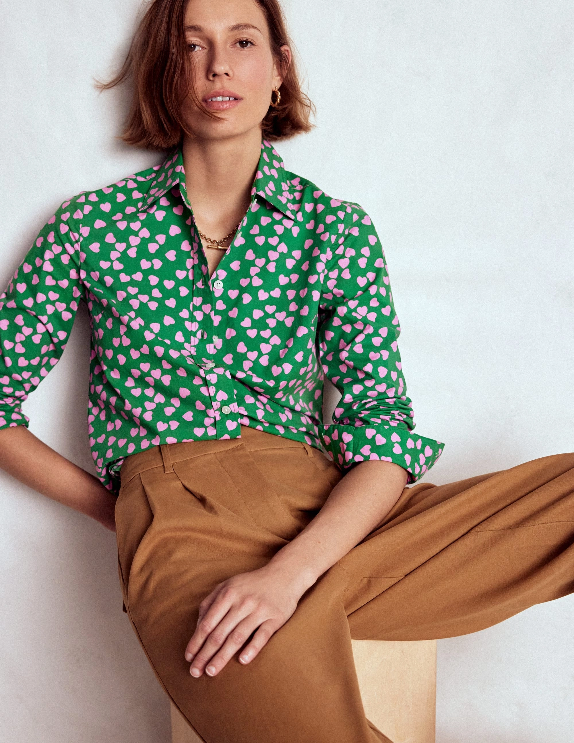 Reinforced Seam Technique Sienna Cotton Shirt-Highland Green, Heart Cascade