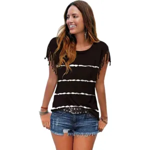 Cozy Blouse Odor Resistant Material BURNT FLOWER FRINGE SHORT-SLEEVED BLOUSE_CWTBLSL0340